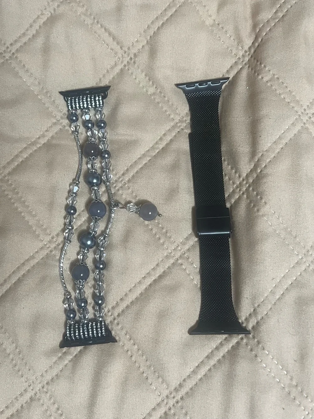 Set of 2 -Silver/Black Stretch Beaded Apple Watch Band and Black Metal Mesh Band